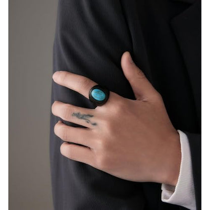 Retro Large Tiger Eye Stone Turquoise Wedding Ring For Men Classical Gothic Stainless Steel Rings - color: Black-Turquoise2