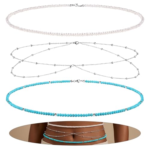 Waist Chain for Women 3Pcs Adjustable 14K Gold Plated Layered Belly Chain Pearl Beaded Waist Chain Jewelry Sets, Adjustable Waterproof Sexy Bikini Satellite Beads Sparkle Body Chain Summer Jewelry Gifts for Women - style: A-Silver