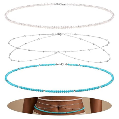 Waist Chain for Women 3Pcs Adjustable 14K Gold Plated Layered Belly Chain Pearl Beaded Waist Chain Jewelry Sets, Adjustable Waterproof Sexy Bikini Satellite Beads Sparkle Body Chain Summer Jewelry Gifts for Women - style: A-Silver