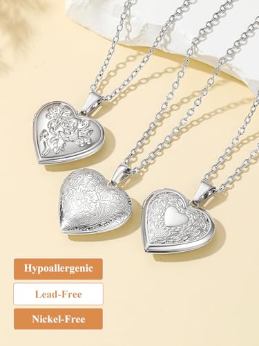 Custom4U Personalized Heart Locket Necklace with Pictures,Sunflower/Angel Wings/Heart Shaped Lockets Custom Photo,Gold/Rose Gold/White Lockets That Holds Picture,Customized Memorial Jewelry for Women - color: B-Heart-Steel(Locket Only)