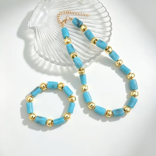 YBMYCM Colorful Resin Beaded Necklace Bracelet Set for Women, Adjustable Chunky Choker Necklace with Stretch Bracelet, Boho Statement Summer Beach Jewelry Gift for Her - color: Sky blue
