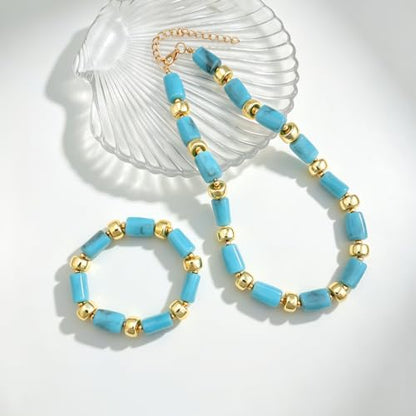 YBMYCM Colorful Resin Beaded Necklace Bracelet Set for Women, Adjustable Chunky Choker Necklace with Stretch Bracelet, Boho Statement Summer Beach Jewelry Gift for Her - color: Sky blue