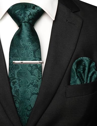 JEMYGINS Mens Solid Color Paisley Necktie and Pocket Square with Tie Clip Sets - color: Emerald Green