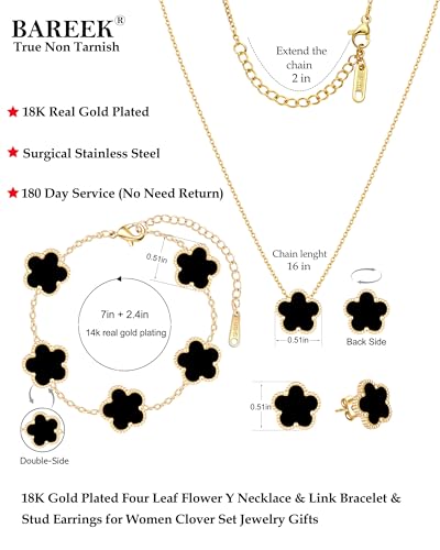 Clover Jewelry Set 3 PC - 18K Gold Plated Stainless Steel Y Necklace Four Leaf Pendant, Clover Link Bracelet Charm, Flower Earrings, Hypoallergenic Non-Tarnish,Simple Luxury Lucky Gifts for Women - color: Black