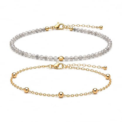 2Pcs Beaded Anklets for Women, Natural Stone Bead Ankle Bracelets with 14K Gold Plated Chain, Waterproof Adjustable Layered Anklet Set, Boho Beach Summer Jewelry Gift - color: Labradorite