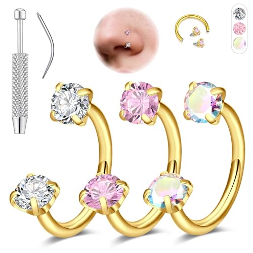 Aidenn 18G Horseshoe Nose Rings for Women, 6-8mm Horseshoe Piercing Jewelry Set Gold & Silver, Double Gem Horse Shoe Nose Rings Hoops Surgical Steel Cartilage Helix Tragus Earring Labret Lip With Tool - color: 18G 7mm/gold