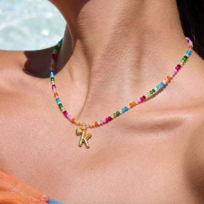 Initial Necklace for Women Colorful Beaded Necklaces Initial Heart Bubble Letter Necklace Summer Necklace Jewelry Gift - color: K