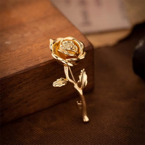 Red Rose Flower Brooches Pins for Women Men Elegant Crystal Flower Lapel Pin Retro Suit Hat Dress Accessories Wedding Valentine's Day Jewelry Gift - style: Gold