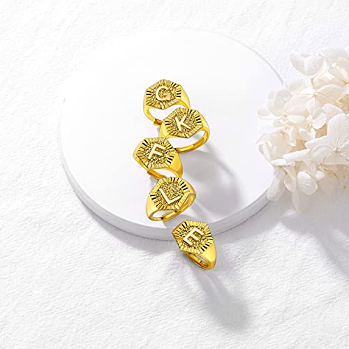 U7 Initial Ring Wedding Band for Men Women 18K Gold Plated Statement Hexagon A-Z Letter Jewelry Personalized Stackable Signet Rings - color: H