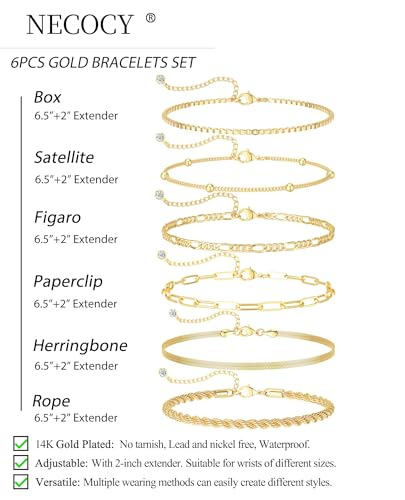 Gold Bracelets Sets for Women Waterproof | Non Tarnish Gold Plated Cuban Paperclip Link Chain Stackable，Trendy Jewelry Accessories Gifts for Women - style: 6Pcs BRACELET SET-01