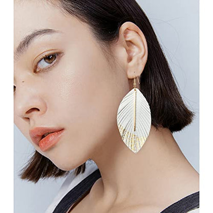 Bohemian Handmade Lightweight Color Large Genuine Soft Leather Fringe Feather Leaf Tear Dangle Drop Earrings for Women Statement - color: 2-White