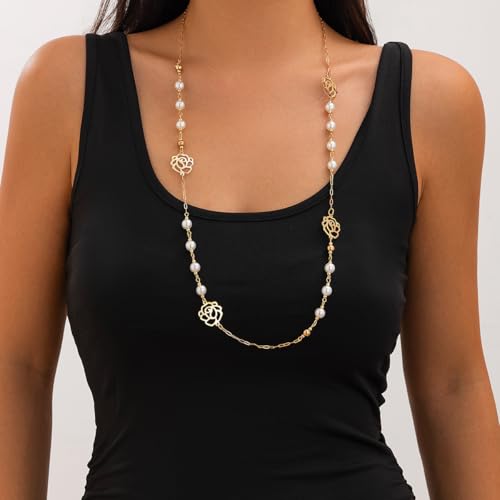 Long Pearl Necklaces for Women Pearl Long Chain Necklace Gold Chain Dainty Delicate Station Necklace Jewelry for Dress Party - color: Flower pearl