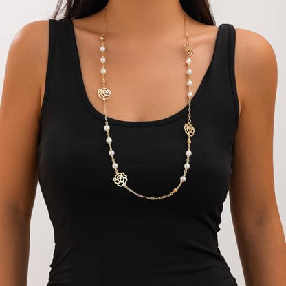 Long Pearl Necklaces for Women Pearl Long Chain Necklace Gold Chain Dainty Delicate Station Necklace Jewelry for Dress Party - color: Flower pearl