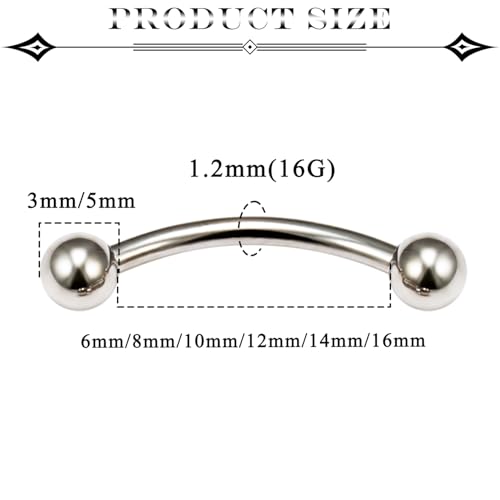 Eyebrow Piercing Jewelry Surgical Steel Vertical Labret Lip Jewelry Curved Barbell Tiny Eyebrow Rings Ear Rook Navel Small Belly Button Ring for Women Men 16g 6mm/8mm/10mm/12mm/14mm/16mm - color: silvertone,ball