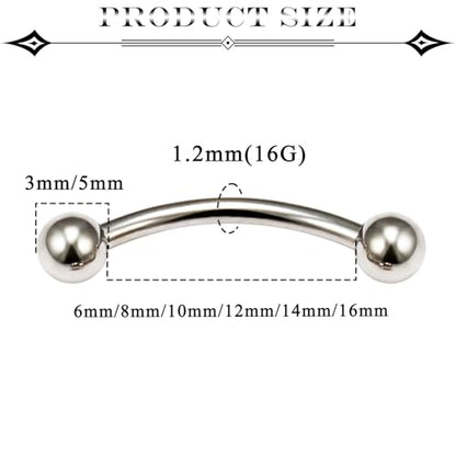 Eyebrow Piercing Jewelry Surgical Steel Vertical Labret Lip Jewelry Curved Barbell Tiny Eyebrow Rings Ear Rook Navel Small Belly Button Ring for Women Men 16g 6mm/8mm/10mm/12mm/14mm/16mm - color: silvertone,ball+spike