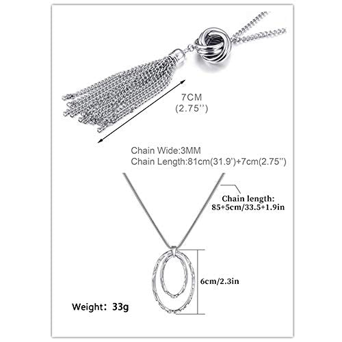 SEVENSTONE 3PCS Long Pendant Necklaces for Women Knot Disk Circle Tassel Statement Sweater Necklace Set - color: Silver