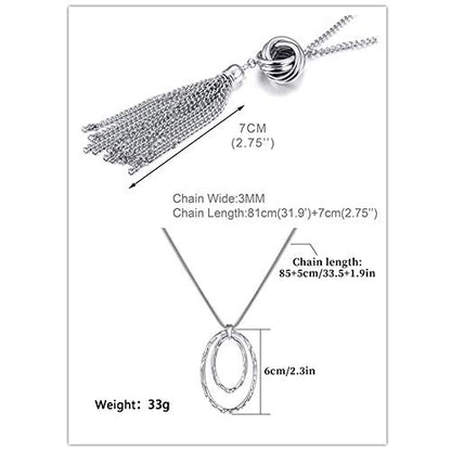 SEVENSTONE 3PCS Long Pendant Necklaces for Women Knot Disk Circle Tassel Statement Sweater Necklace Set - color: Silver