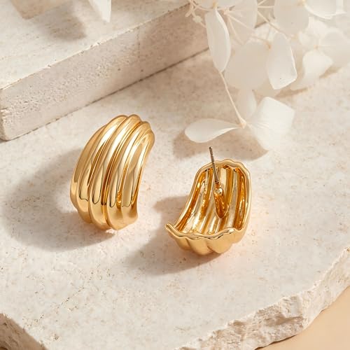 MUYAN Chunky Textured Earrings for Women Large Statement Studs | Brass Hypoallergenic Jewelry, Fashion Accessories, Gifts for Women - color: Gold