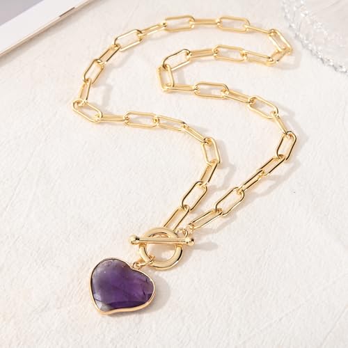 14K Gold Plated Two Sides Carved Stone Heart Shape Necklace for Women Love Pendant Necklace Jewelry for Daily and Gifts - color: Amethyst