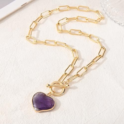14K Gold Plated Two Sides Carved Stone Heart Shape Necklace for Women Love Pendant Necklace Jewelry for Daily and Gifts - color: Amethyst