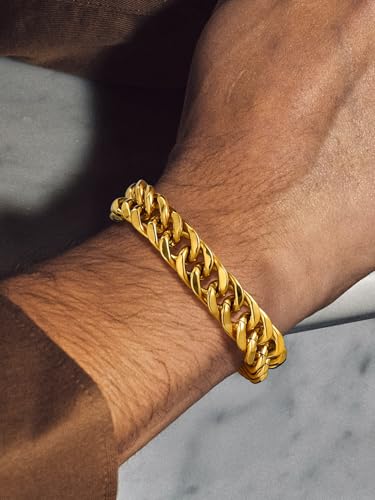 Bandmax Cuban Bracelets for Men, Stainless Steel Link, 7.5"/8.3"/9" Length | 7/8/12mm Width, Miami Wristlet Chain, Steel/Black/Gold Tone, Hip Hop Jewelry, Gift for Son Grandson Husban - color: Gold