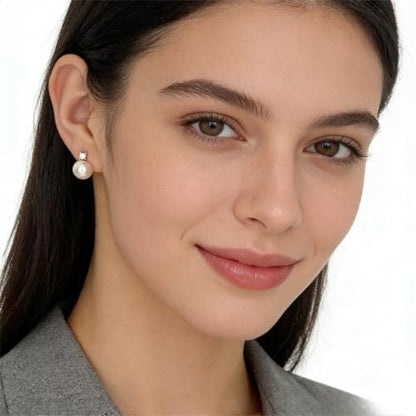 Faux Pearl Cubic Zirconia Stud Earrings, Hypoallergenic Lightweight Round Pearl Studs for Women - color: White, size: Pearl 10mm-CZ 3mm