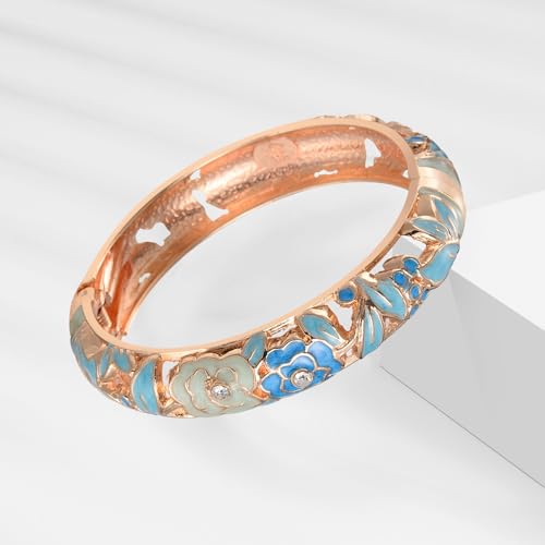 UJOY Womens Multi-Colors Cloisonne Bracelet Plated Flower Hollowed Enameled Hinged Cuff Bangles Jewelry Gift 88A10 - color: 3 Pcs Set-Light Blue-A10
