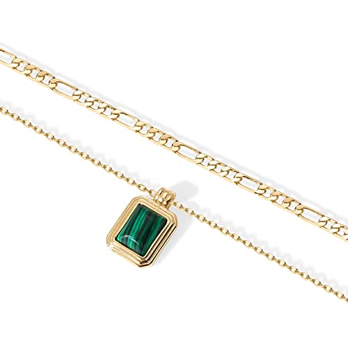 PAVOI 14K Gold Plated Layered Necklaces for Women | Gemstone Pendant Figaro Chain Necklace | Carnelian, Green Aventurine, Malachite Layering Necklace - color: Yellow Gold, style: Malachite
