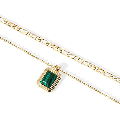 PAVOI 14K Gold Plated Layered Necklaces for Women | Gemstone Pendant Figaro Chain Necklace | Carnelian, Green Aventurine, Malachite Layering Necklace - color: Yellow Gold, style: Malachite