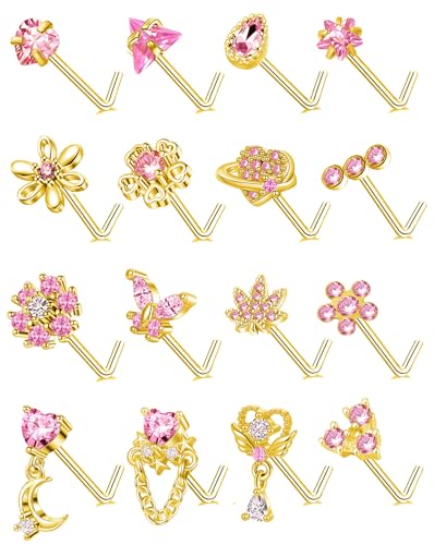 Tornito 16Pcs Nose Rings L Shaped Nose Stud Stainless Steel Butterfly Flower Leaf Heart Moon Dangle Nose Stud Ring Body Piercing Jewelry for Women Men 20G Pink Blue Clear CZ - color: D: Pink Gold