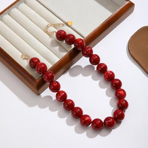 Chunky Necklaces for Women Trendy 20MM Large Resin Beaded Necklace Bold Statement Chunky Choker Necklace Boho Beads Summer Beach Jewelry - color: Red