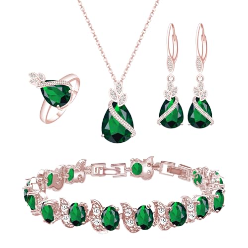 GZWHD Jewelry Set for Women CZ Earrings Necklace Ring Bracelet Set Prom Party Wedding Jewelry Gift for Mother Friend Wife - color: A-Rose Gold-Green