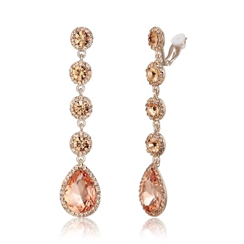 EleQueen Women's Wedding Crystal Teardrop Pear Shape 3 Inch Clip on Long Dangle Earrings for Bride Bridesmaid, Jewelry for Party Prom/Anniversary - color: Champion Silver-Tone