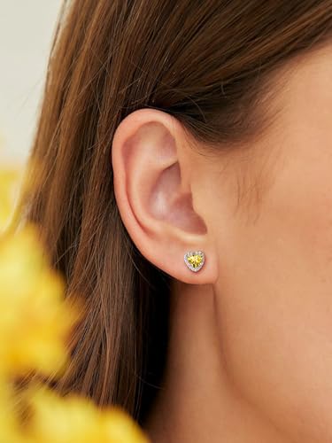Suplight 925 Sterling Silver Birthstone Stud Earrings for Women, Round/Heart/Teardrop/Square Crystal Diamond Earrings for Women, Dainty Birthday Gifts Jewelry - color: style b-11. heart-November(Created Citrine)
