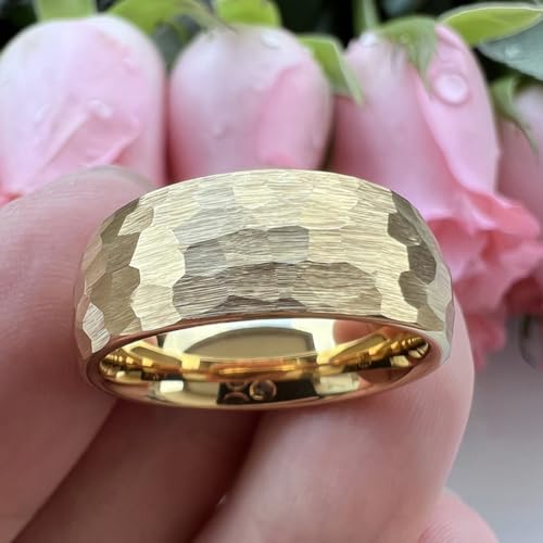 TUTISS 6mm 8mm Silver/Black/Gold/Rose Gold Hammered Tungsten Rings for Men Women Couple Fashion Jewelry Engagement Wedding Bands Domed Matte Finish Comfort Fit - color: 8mm Gold I Love You Engraved
