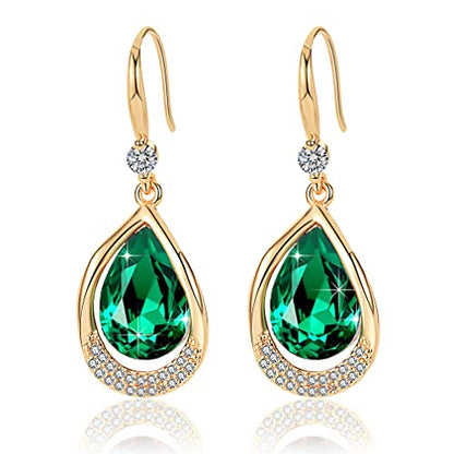 Austrian Crystal Halo Teardrop Hollow Drop Dangle Earrings for Women 14K Rose Gold Plated Hypoallergenic Jewelry Gifts - color: Emerald