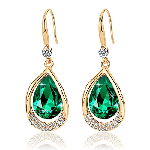 Austrian Crystal Halo Teardrop Hollow Drop Dangle Earrings for Women 14K Rose Gold Plated Hypoallergenic Jewelry Gifts - color: Emerald