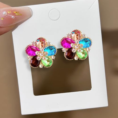 Bohemian Sparkly Crystal Flower Sliver Lightweight Stud Earrings Peach Blossom Rhinestone Floral Dangle Earrings For Women Jewelry Gifts - color: Colorful