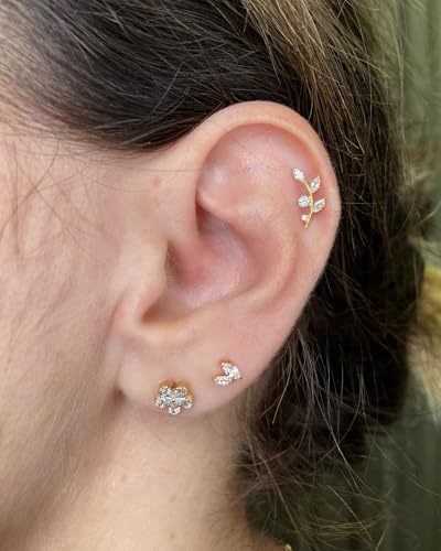 16G Titanium Flat Back Earrings for Women Conch/Helix/Foward Helix/Tragus/Hypoallergenic Piercing Jewelry Internal Thread Cartilage Stud Gold Silver CZ Branch Earrings - color: Gold-For Wearer Left Ear