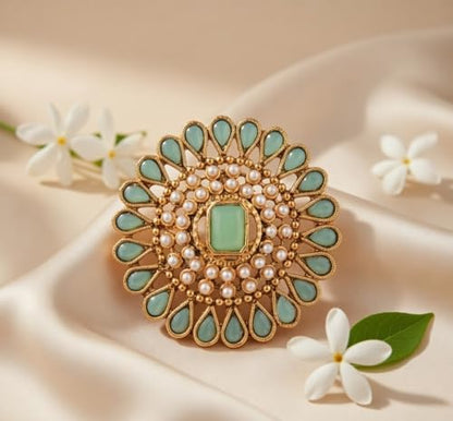 Efulgenz Indian Jewelry Ring Round Faux Pearl Crystal Adjustable Big Finger - color: Mint