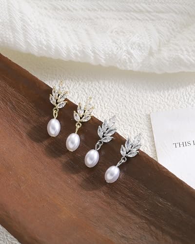 Pearl Earrings for Women, 14k Gold Plated Trendy Diamond Pearl Drop Earrings Bridal Shower Gifts Wedding jewelry for Women - color: Style A Gold