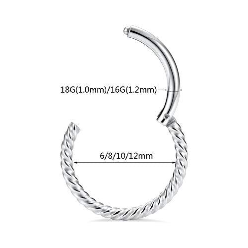 GAGABODY 2 Pcs Nose Rings 22G 20G 18G 16G 14G 12G 10G 8G Surgical Steel Piercing Rings for Nose Septum Cartilage Helix Tragus Conch Rook Daith Lobe from 5mm to 16mm Seamless Hoop Unisex Hinged Earrings - color: Silver-Twisted