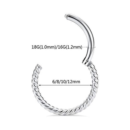 GAGABODY 2 Pcs Nose Rings 22G 20G 18G 16G 14G 12G 10G 8G Surgical Steel Piercing Rings for Nose Septum Cartilage Helix Tragus Conch Rook Daith Lobe from 5mm to 16mm Seamless Hoop Unisex Hinged Earrings - color: Silver-Twisted