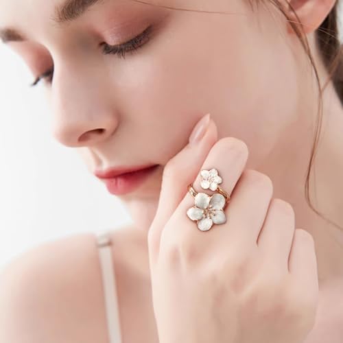 NewZenro Elegant Flower Enamel Adjustable Open Ring for Women Gold-Tone Plated Chic Cherry Blossoms Floral Statement Finger Wrap Band Rings Comfort Fit Wedding Party Prom Fashion Jewelry - color: White