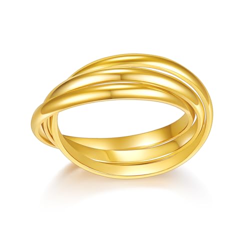 MINDDHA Waterproof No Tarnish Rings|14K Gold/White Gold Plated| Fidget Stacking Anxiety Interlocking Triple Row| Silver/Gold Rings for Women- 2mm 3mm Band Size 4-12 - color: Waterproof 2mm Gold