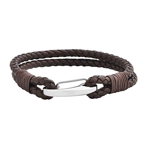 Edforce Braided Genuine Leather 2-Strand Cuff Bracelet with Stainless Steel Clasp - color: Brown