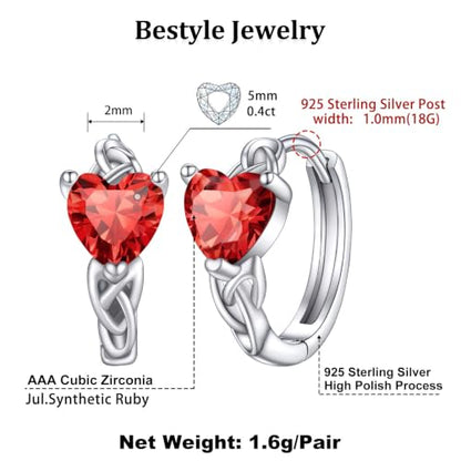 Bestyle 925 Sterling Silver Huggie Hoop Earrings Small Birthstone Hoop Earrings for Women Hypoallergenic Silver Huggie Earring,Great Birthday Earrings Gift for Daughter Wife Mom - color: 07-Red Ruby-Hoop