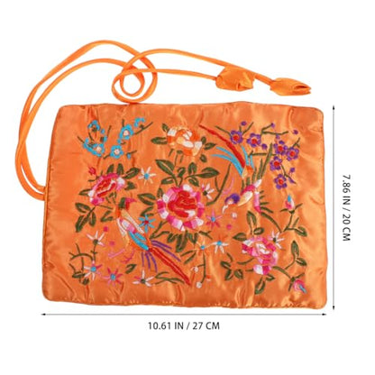 Cabilock Embroidered Jewelry Roll Bag Handmade Flower Brocade Jewelry Bag Organizer with Zip Pocket Travel Pouch for Earrings Bracelets Necklaces Cosmetic Brushes 10.62 X 7.87 X 0.19 in