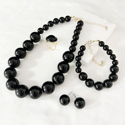xuzhiyuan Statement Pearl Jewelry Set for Women - Includes Necklace, Bracelet, Earrings, and Ring | Colorful Faux Pearl Fashion Jewelry Set for Party, Wedding, Daily Wear - color: Black