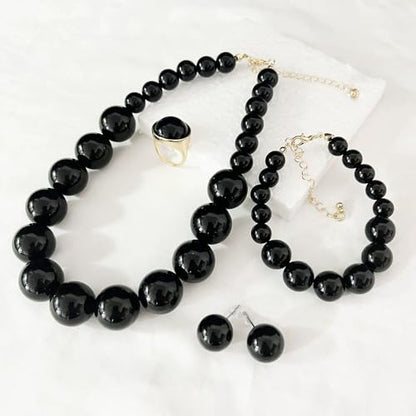 xuzhiyuan Statement Pearl Jewelry Set for Women - Includes Necklace, Bracelet, Earrings, and Ring | Colorful Faux Pearl Fashion Jewelry Set for Party, Wedding, Daily Wear - color: Black